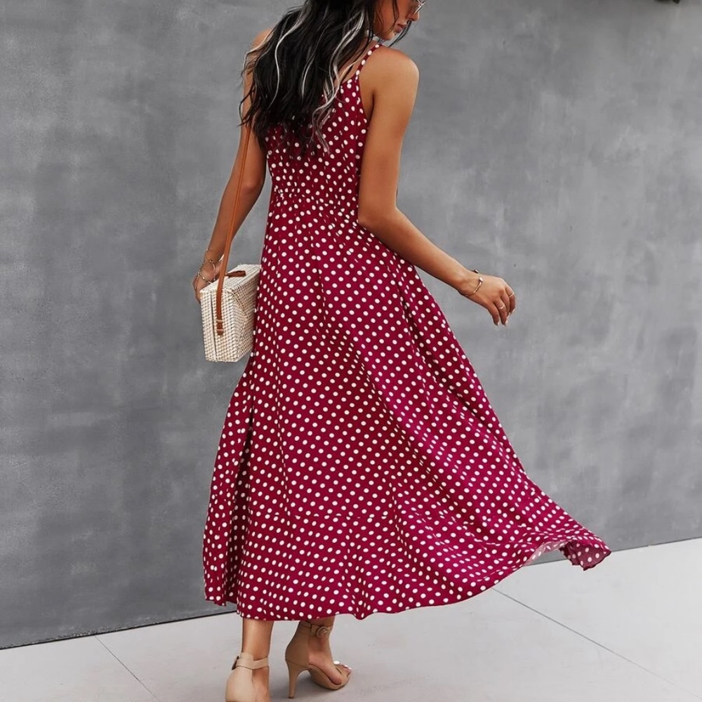 Button up v neck tie polka dot midi dress - Picture 9 of 16